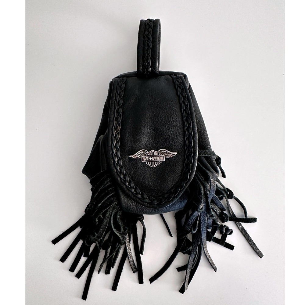 Harley Davidson Belt Pouch Biker Hip Bag Black Leather Fringe USA Logo Unisex